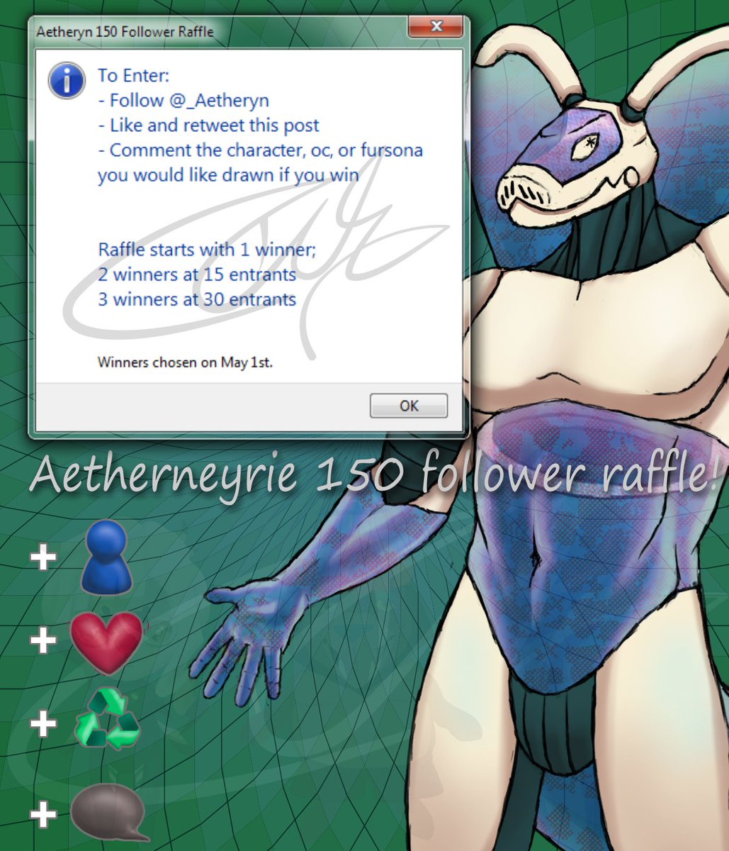 _Aetheryn's tweet image. RAFFLE TIME

Thank you for 150 followers!

Join my raffle for a chance to win a free fullbody.
If there are 2 winners the additional one will get a half body and if there's a third they'll get a headshot.

Raffle ends on May 1st!
Good Luck!