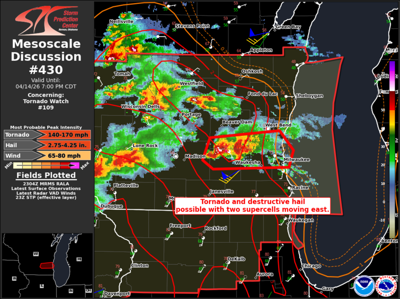 CC_StormWatch's tweet image. Two supercells, both very intense, are moving towards the #Milwaukee metro area. Extremely large hail to softball size and significant tornadoes are possible with these cells as they continue eastward over the next 1-2 hours. #MKE #WIwx