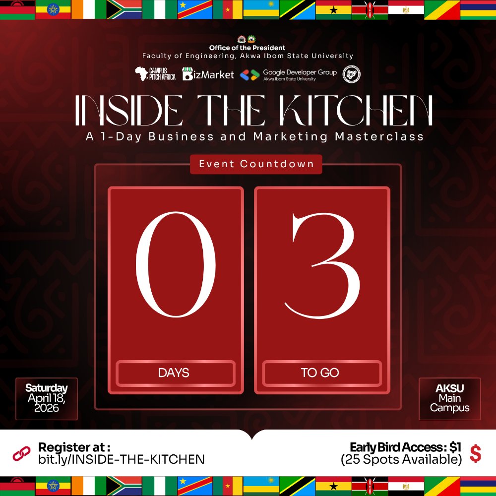 CampusPitch's tweet photo. 3 DAYS TO GO! ⏳
The kitchen is almost open and the heat is rising.
If you haven’t secured your spot to learn how to scale your business, you’re eating leftovers!
📍 AKSU Main Campus
🔗 https://t.co/tAj4sK5XbR
#InsideTheKitchen #AKSU https://t.co/UrPt5ECrs1