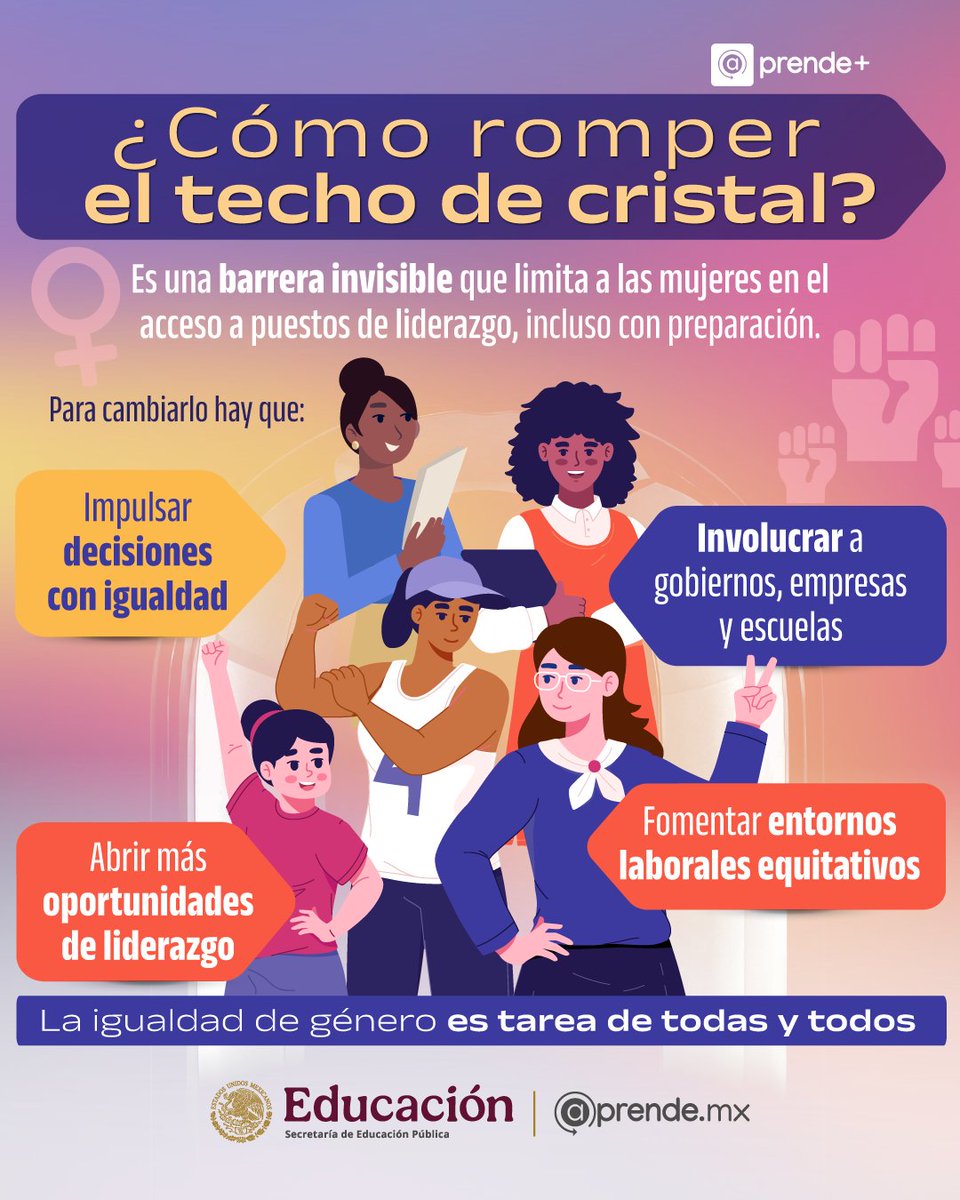 aprende_mx's tweet image. Romper el techo de cristal implica eliminar barreras que limitan a las #mujeres en espacios de decisión. 👩💬

Abrir oportunidades y generar entornos más #equitativos es clave. 🤝🌟

La #igualdad es una responsabilidad compartida. 🫂
