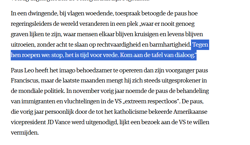De <a href="/vredesbeweging_/">De Nieuwe Vredesbeweging</a>  deed het al langer, maar nu roept ook Paus Leo XIV op tot #dialoog ipv van #bewapening, biddend voor „een Koninkrijk waarin geen zwaard, geen drone, geen wraak, geen bagatellisering van het kwaad en geen oneerlijke winst” bestaat. nrc.nl/nieuws/2026/04…