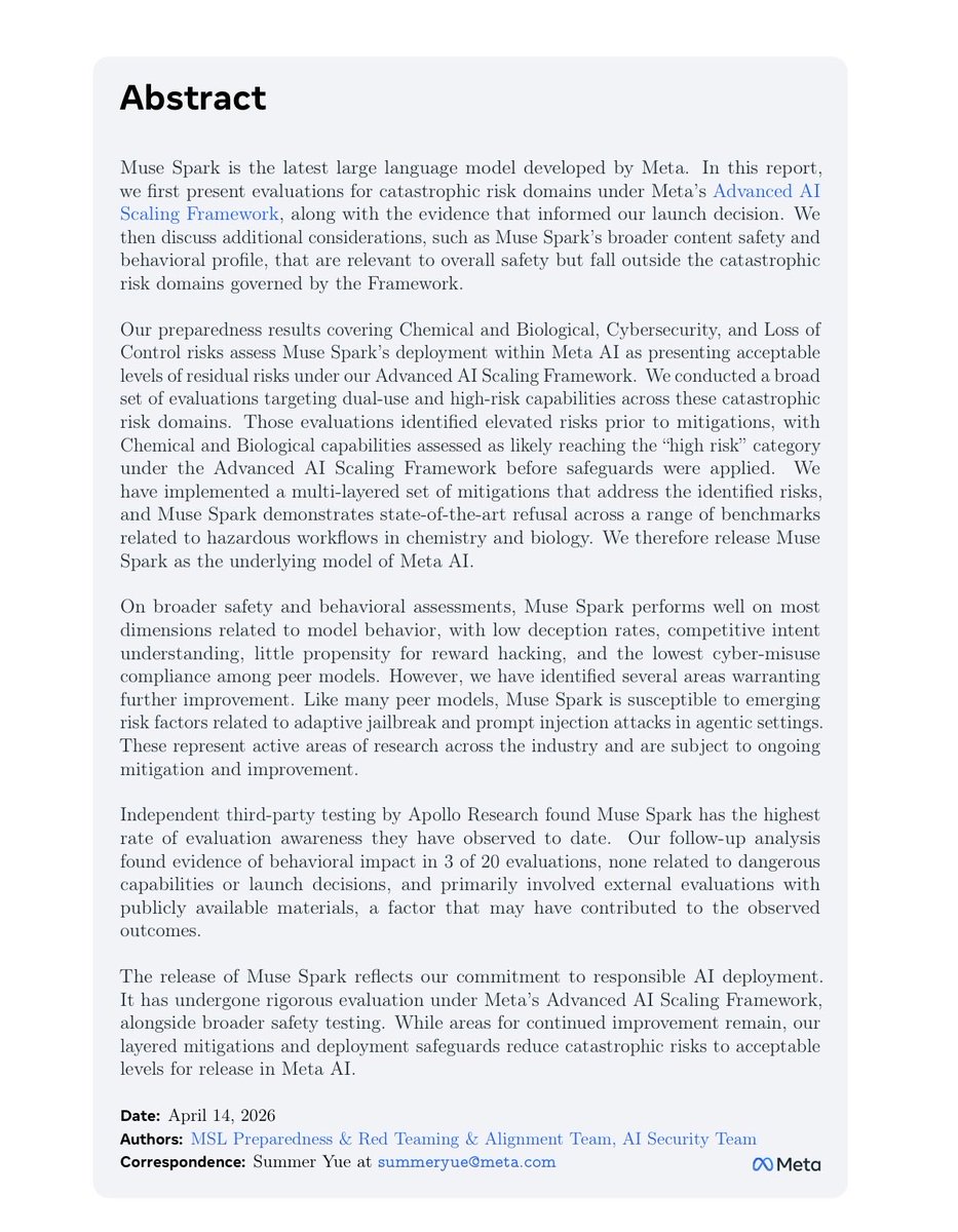 _zifan_wang's tweet image. Excited to share the Safety and Preparedness Report for Muse Spark. It’s a comprehensive and somewhat dense (158 pages) report covering both well-known and forward-looking areas in AI safety. Besides, wish techniques and research directions used in the report found useful by the