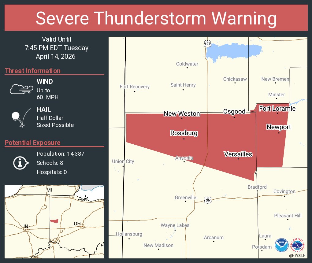NWSILN's tweet image. Severe Thunderstorm Warning including Versailles OH, Fort Loramie OH and  Russia OH until 7:45 PM EDT