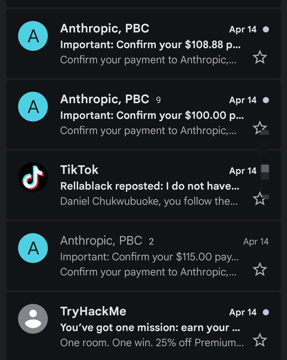 DC_Chukwubuoke's tweet photo. Can some help me out; someone has unauthorized access to my @claudeai account. 

I have been receiving emails like this from @AnthropicAI for days now and I am not the one Initiating these.

I have emailed their support but met an AI there that's not giving me solutions at all. https://t.co/1Zhou6b8YE