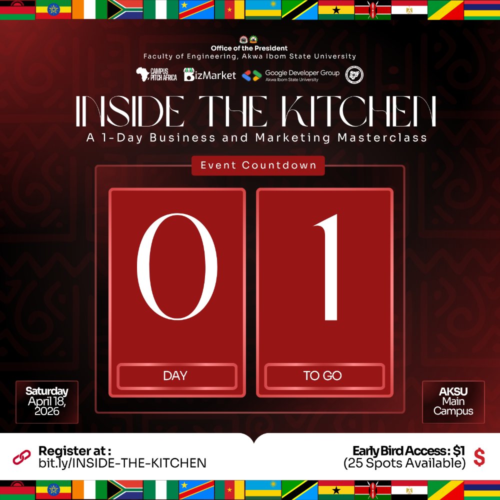 CampusPitch's tweet photo. TOMORROW IS THE DAY! 🥘🔥
Your business is about to go from "Hostel Hustle" to "Global Brand."
If you’re not registered yet, this is your last chance.
DO NOT MISS THIS: https://t.co/tAj4sK5XbR
#InsideTheKitchen #CampusPitchAfrica #AKSU https://t.co/TAPvqVELjF