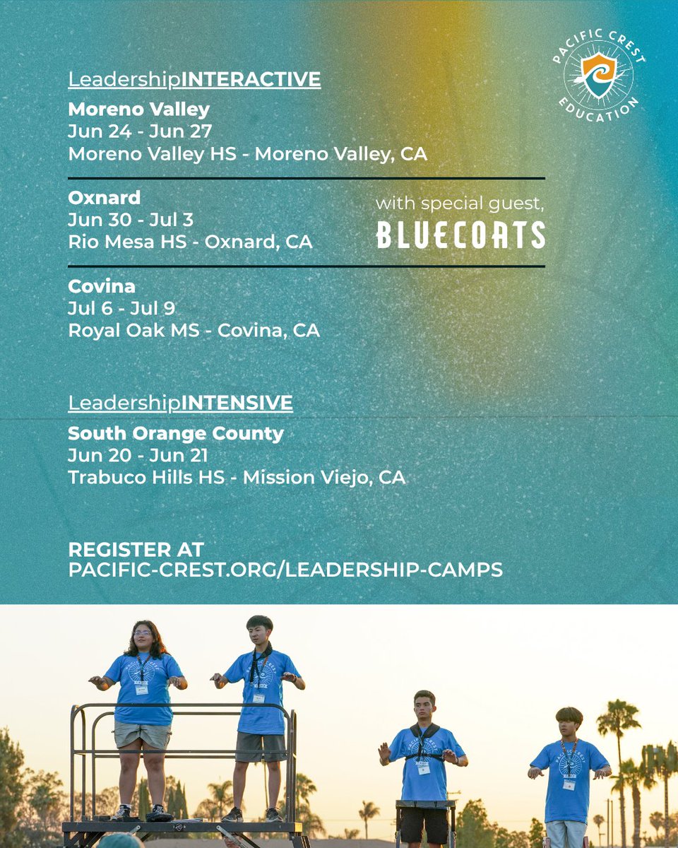 2026 Summer Leadership Camps are OFFICIALLY here!

Our camps are designed for EVERY member of the ensemble. Join us this summer to refine your technique, and learn what it takes to be a great teammate in your ensemble.

Register now ➡️ pacific-crest.org/leadership-cam…
