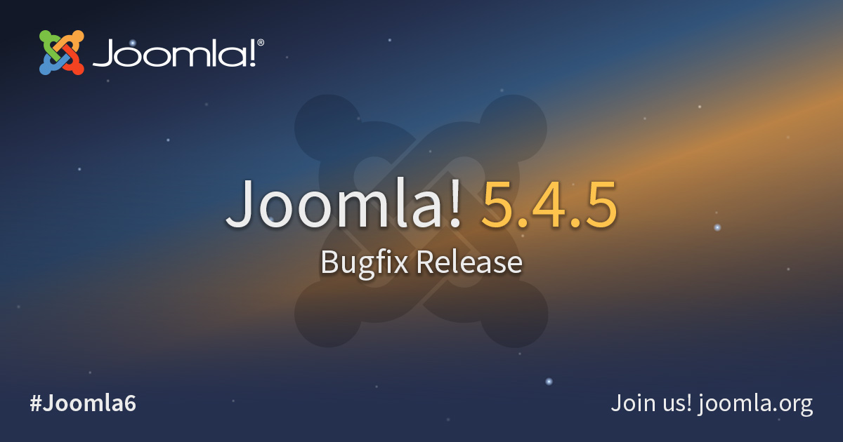 joomla's tweet image. The Joomla! Project is pleased to announce the release of Joomla 5.4.5. This is a bugfix release for the Joomla 5.x series.

Read more: ow.ly/3aK450YJ84o

#Joomla5 #CMS #OpenSource #Release