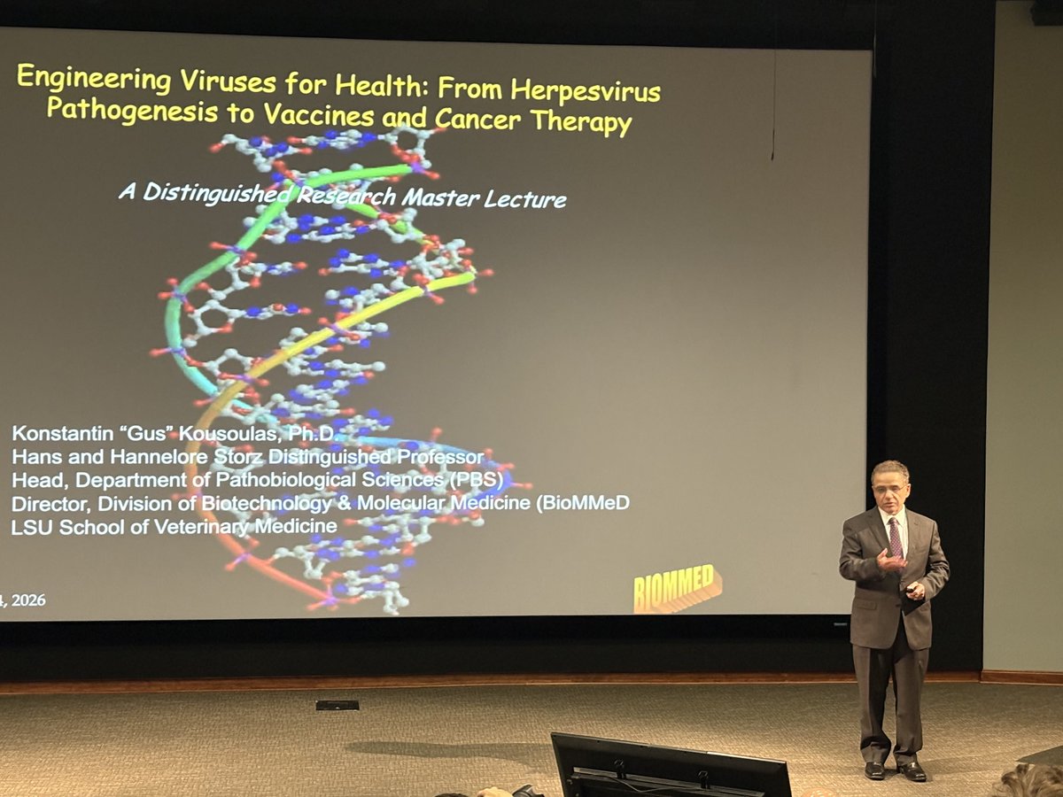 lsuvetmeddean's tweet photo. Huge congratulations to the Distinguished Research Masters, Dr. Gus Kousoulas @LSUVetMed & Dr. Andreas Giger @lsumusic—both amazing scholars in very different fields! Their presentations were truly inspiring! 💜💛#LSU #BetteringLives #WeTeach #WeDiscover #ScholarshipFirst #WBTTW https://t.co/tx9UM6GTJp