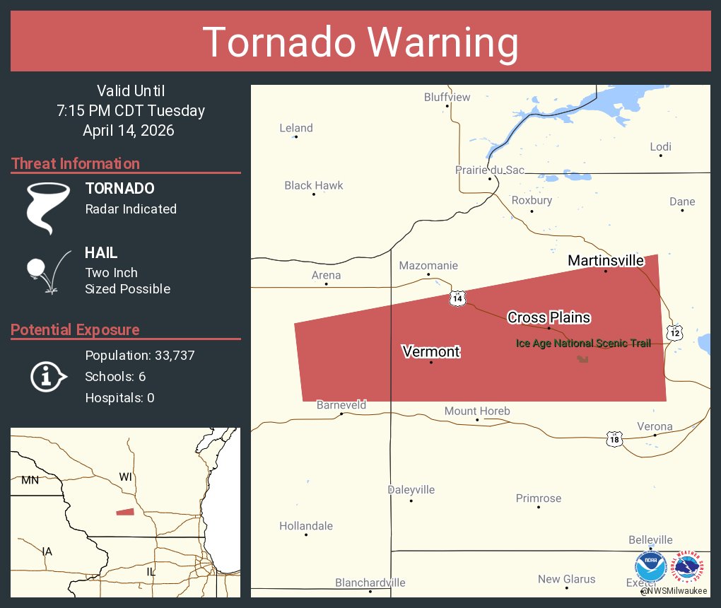 Tornado Warning including Cross Plains WI, Black Earth WI and