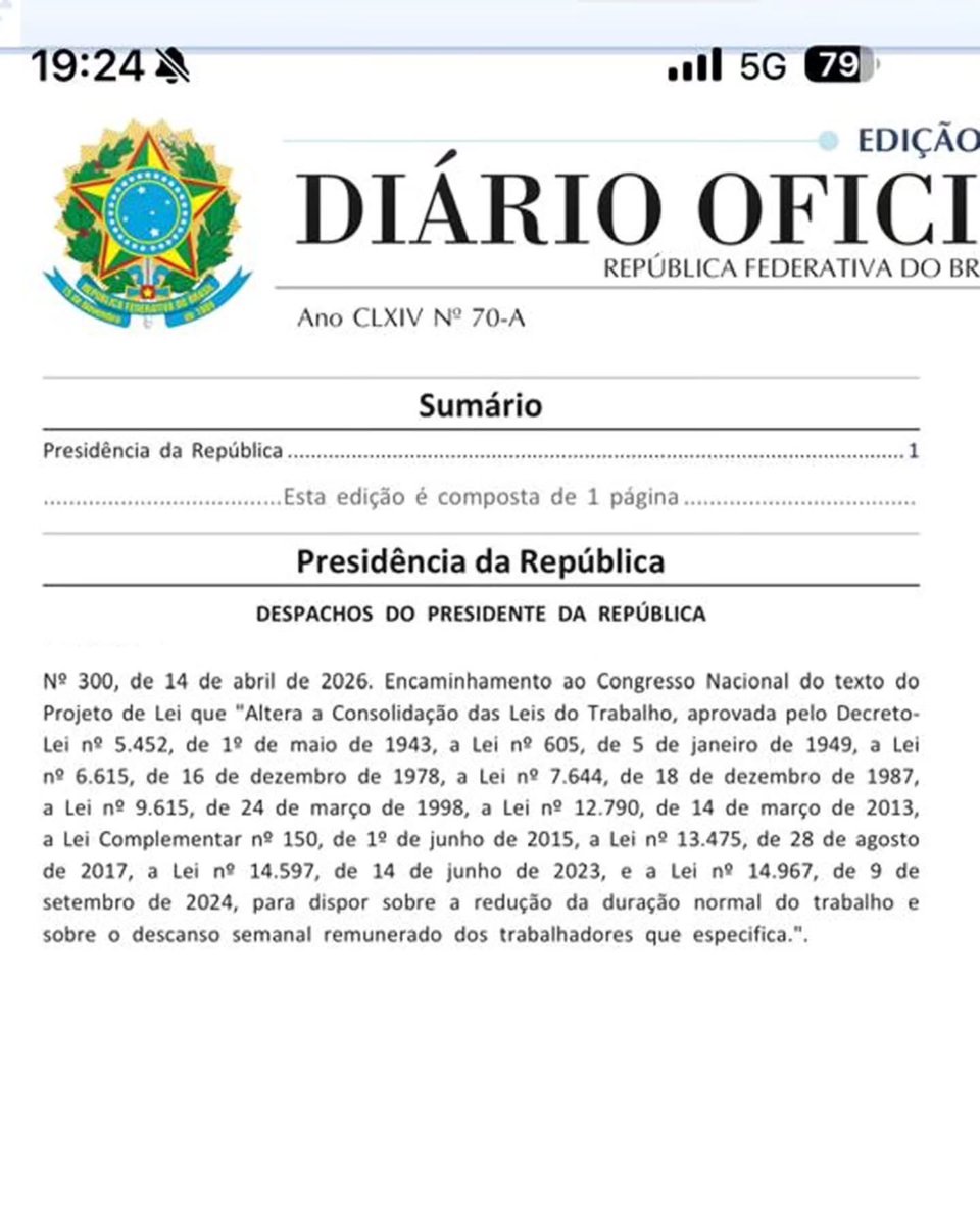 URGENTE: Lula enviou AGORA ao Congresso projeto que ACABA com a escala 6x1 e muda a jornada para 40h semanais, sem mexer no salário.

Vamos pressionar o Congresso!