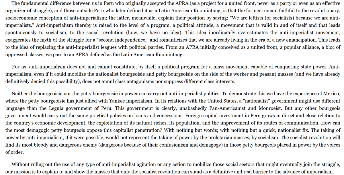 José Mariategui on anti-imperialism:

"The taking of power by anti-imperialism, if it were possible, would not represent the taking of power by the proletarian masses, by socialism."

marxists.org/archive/mariat…