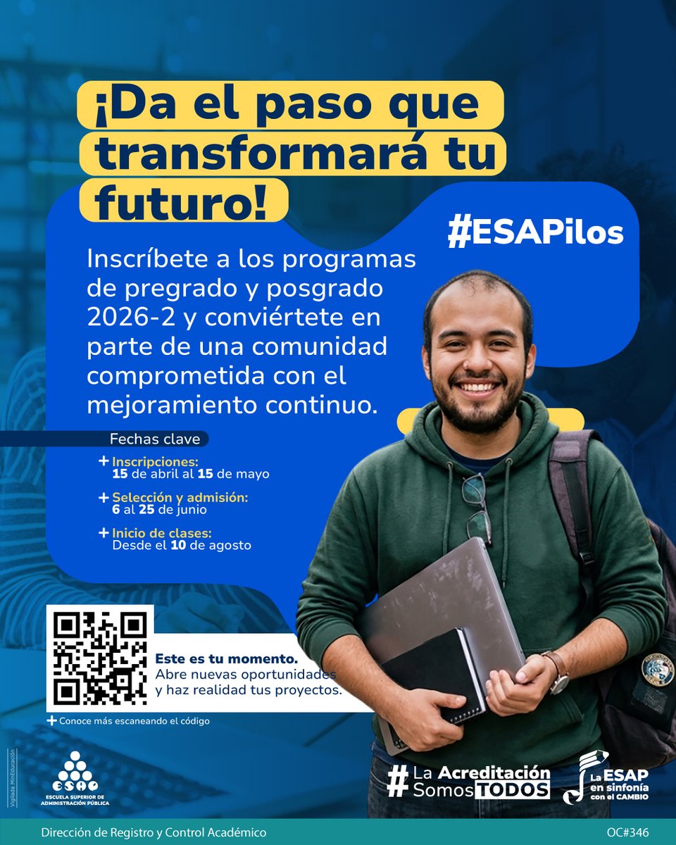 ESAPOficial's tweet photo. #InscripcionesAbiertas Ya están abiertas las inscripciones en la ESAP para el periodo 2026-2

✅ Programas de pregrado y posgrado
✅ Inscripción sin costo y beneficio de gratuidad para pregrado
✅ Presencia en todo el país (16 Direcciones Territoriales)

📅Inscripciones: del 15 de abril al 15 de mayo

🔗 Inscríbete aquí: https://t.co/bYOhLG8zk8