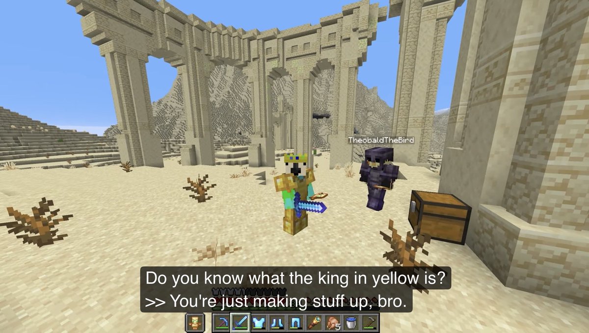 yukibuqi's tweet image. uu spoilers

“do you know what the king in yellow is?”
[…]
“the king in yellow? it’s me.”

first the sfawtde-esque thumbnail, now this 😭😭 like dalrightttt pack it up parrot put the references in the bag yo