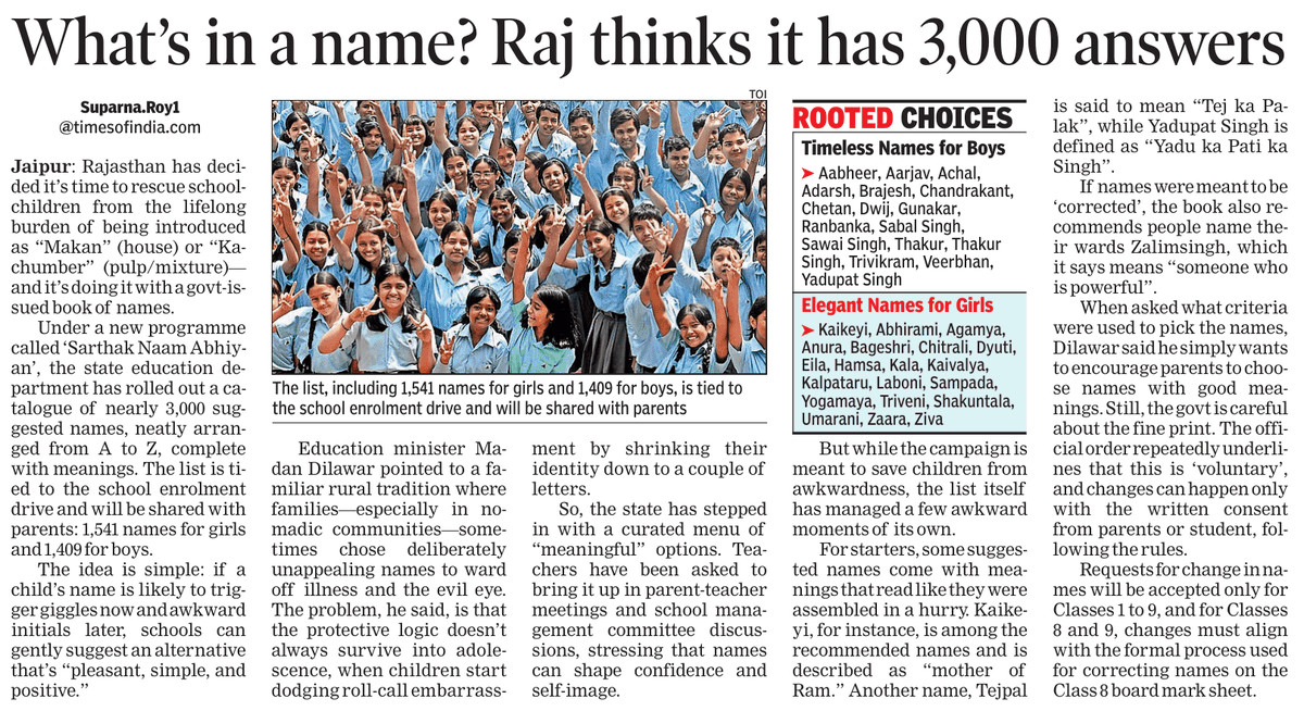 suparnaTOI's tweet photo. #Rajasthan education dept issues list of 'meaningful' names for girls and boys
School administration asked to suggest these names to parents for kids to save them from embarrassment in future over unappealing names
@TOIIndiaNews 
#MyReport #RajasthanEducation https://t.co/OubToQNwXB
