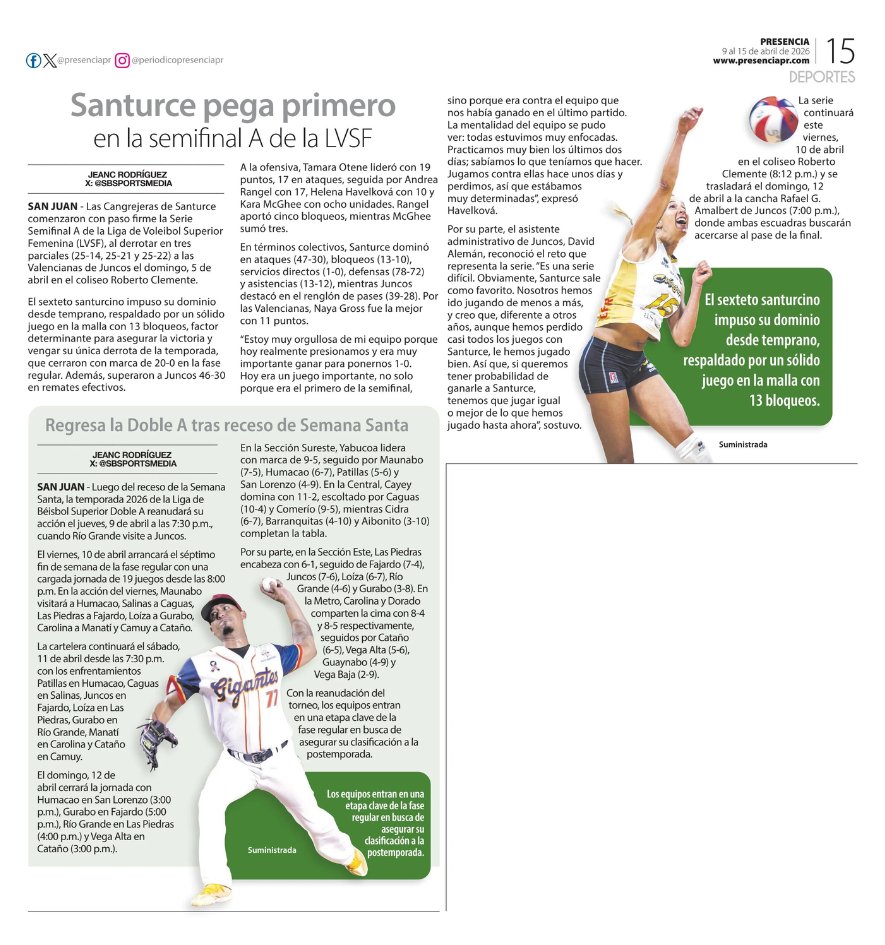 sbsportsmedia's tweet photo. . @presenciapr jueves, 9 de abril de 2026 / Santurce pega primero en la semifinal A de la LVSF 

Por: @jeancrod https://t.co/IO6iQbZaMA