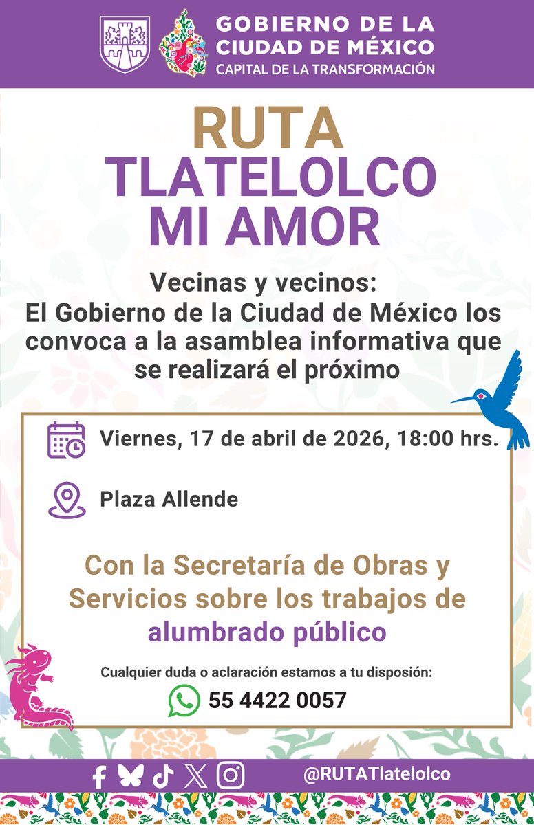 ¡Doble asamblea informativa!

La Secretaría de Obras y Servicios del Gobierno de la Ciudad de México regresa a informar sobre los avances de los proyectos de andadores y pasillos el día jueves; y el viernes informaremos sobre los avances en el proyecto de alumbrado. 

¡Les