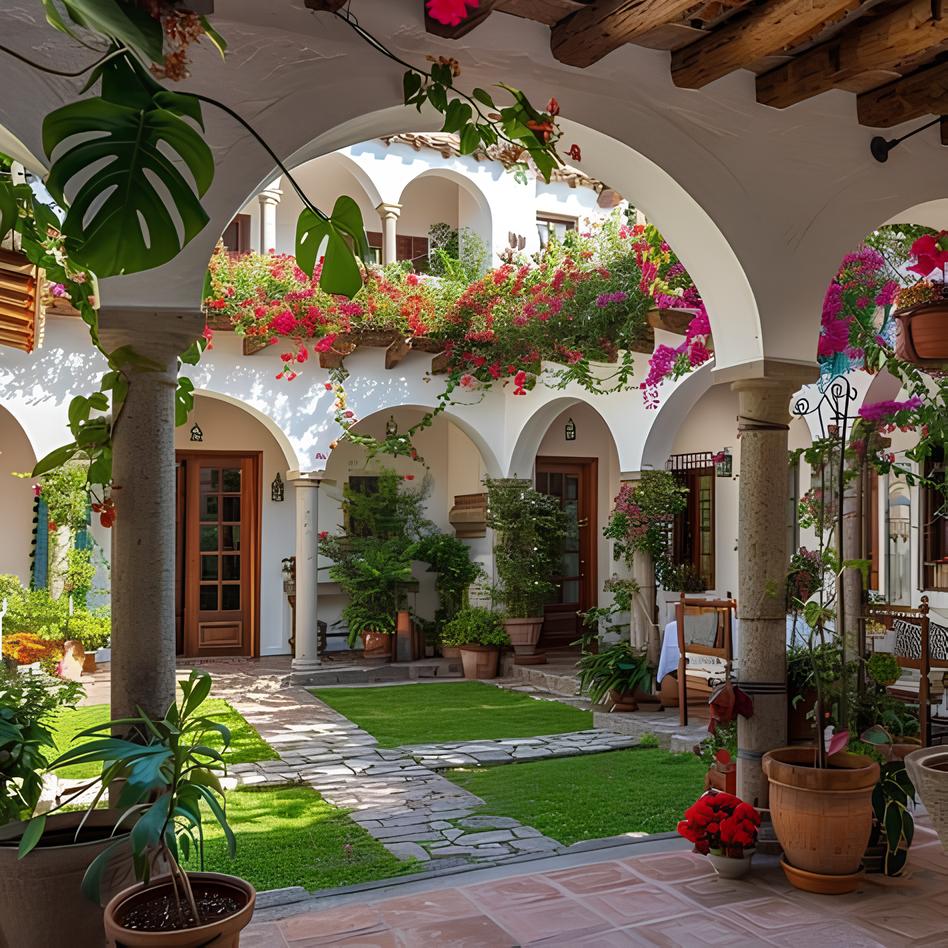 greenvibe's tweet photo. Mediterranean-style courtyard filled with bougainvillea and potted plants. https://t.co/c6kxh1BvrF
