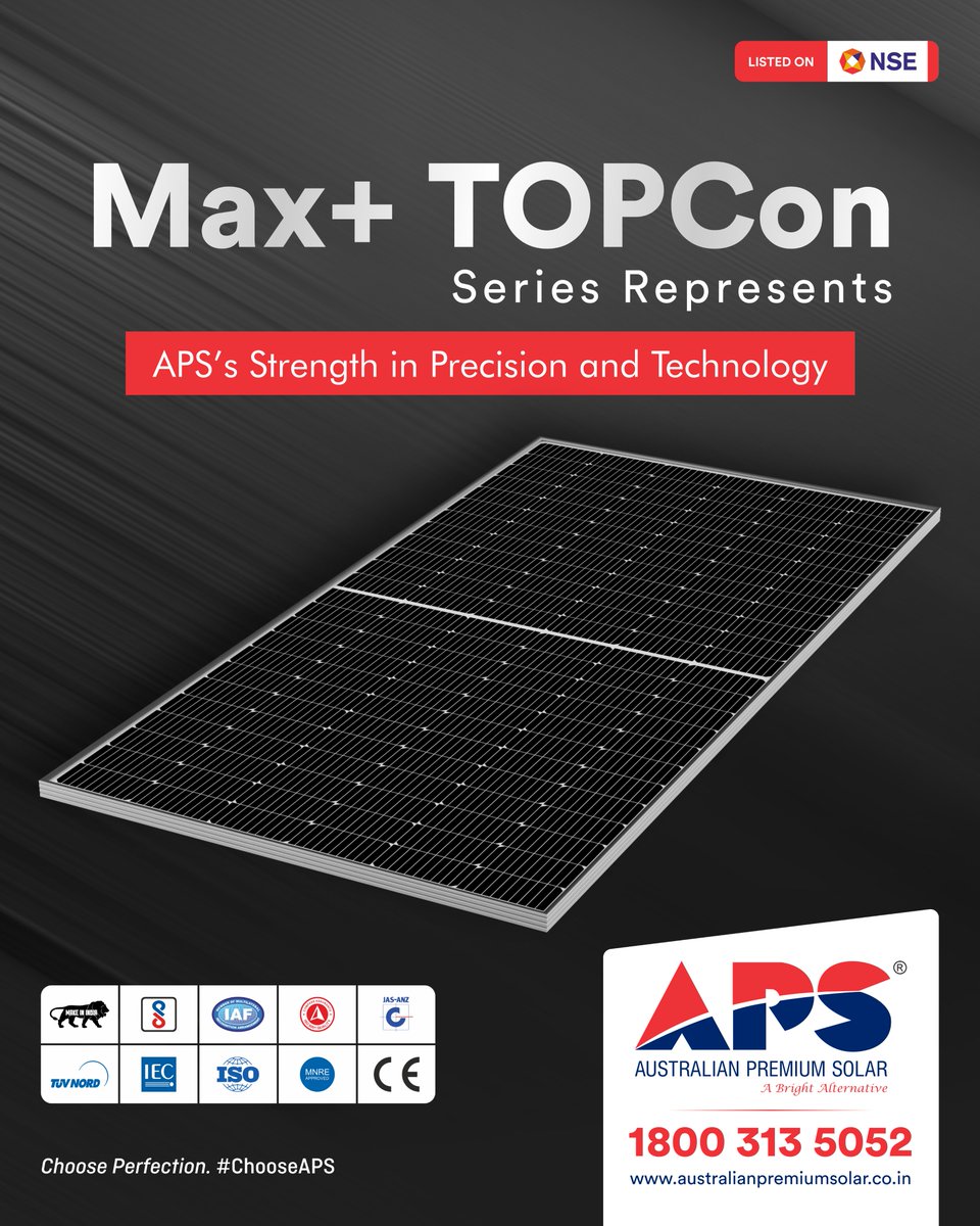 APS_Ahmedabad's tweet photo. Driven by next-generation TOPCon technology, APS modules are built to deliver more power, more efficiency, and more reliability.
Choose Perfection. #ChooseAPS
#APS #australianpremiumsolar #TOPCon #BifacialSolar #SolarTechnology #RenewableEnergy #HighEfficiency #SolarPower https://t.co/gmodjwkR2m