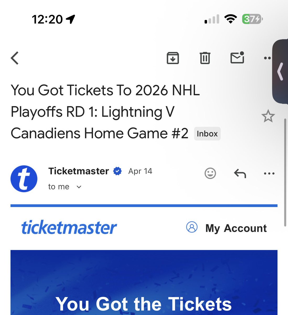 JakeParkerr14's tweet photo. @ivandemigoal Just bought 4 lower bowl tickets for game 2 in Tampa in the lower bowl with some friends and family😂

Go Habs go baby https://t.co/GxsvAV4IBh