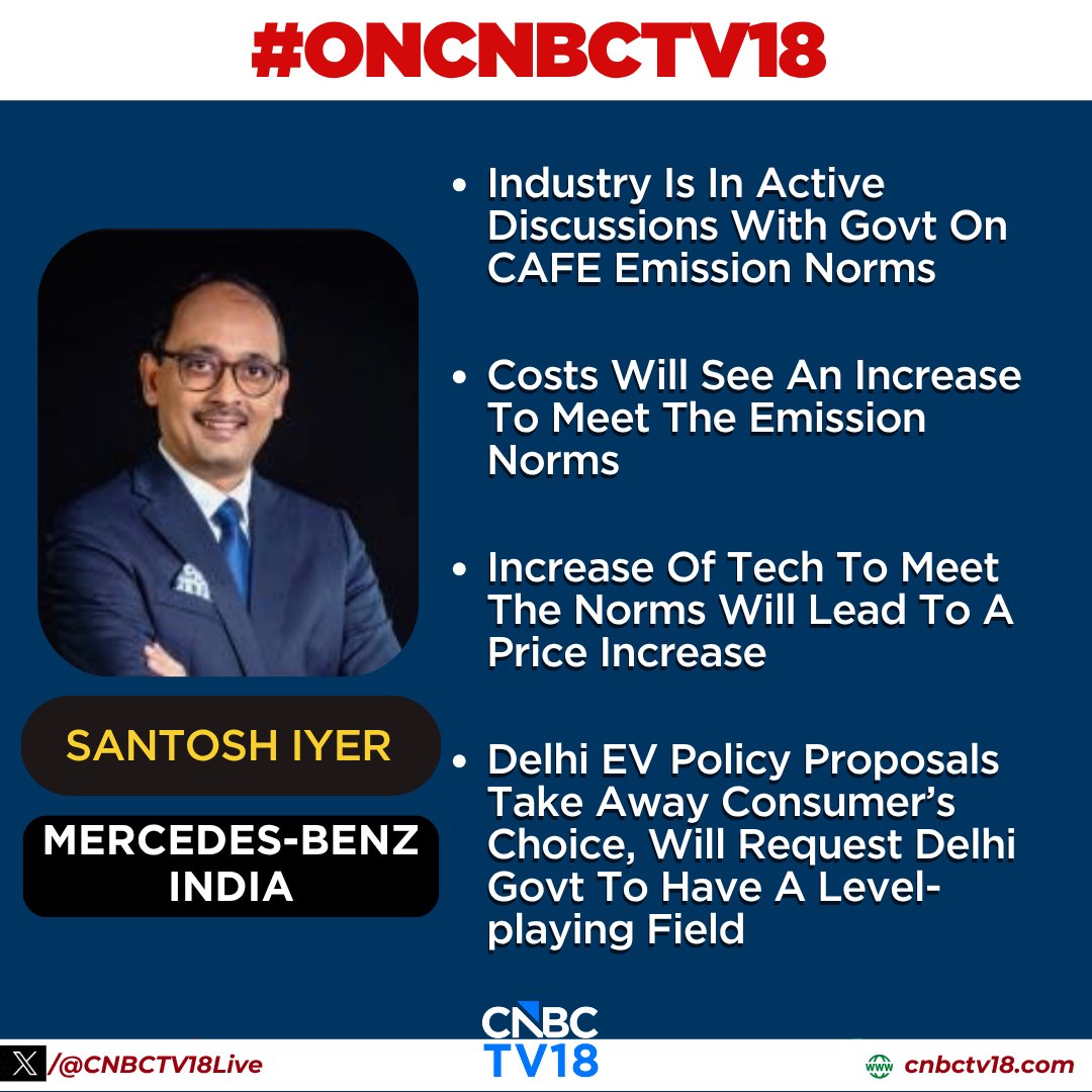 CNBCTV18Live's tweet image. #OnCNBCTV18 | Industry is in active discussions with govt on #CAFE emission norms, costs will see an increase to meet the emission norms

Delhi #EVPolicy proposals take away consumer’s choice, will request Delhi govt to have a level-playing field

Santosh Iyer, Mercedes-Benz