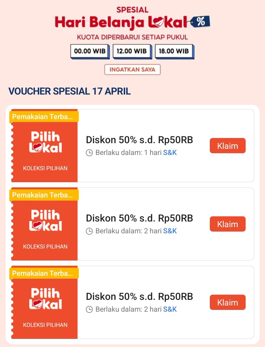 RacunBelanja's tweet photo. Hari Belanja Lokal 
🗓️ 17 April 2026

Diskon 50% maksimal Rp50.000
Minimal pembelian Rp100.000

Klaim dulu semua vouchernya:
https://t.co/dEsc8aDFi0 https://t.co/jZ9jnYq0tH