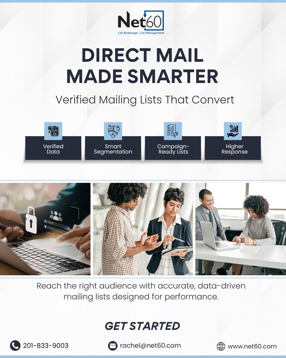 net60inc's tweet image. Still sending mail without a clear strategy?
Smarter lists = better targeting + higher response.

Reach the right audience and drive real results.
Get started with data that performs.

📞 201-833-9003 | 🌐 net60.com | 📧 rachel@net60.com

#DirectMail #DataDriven