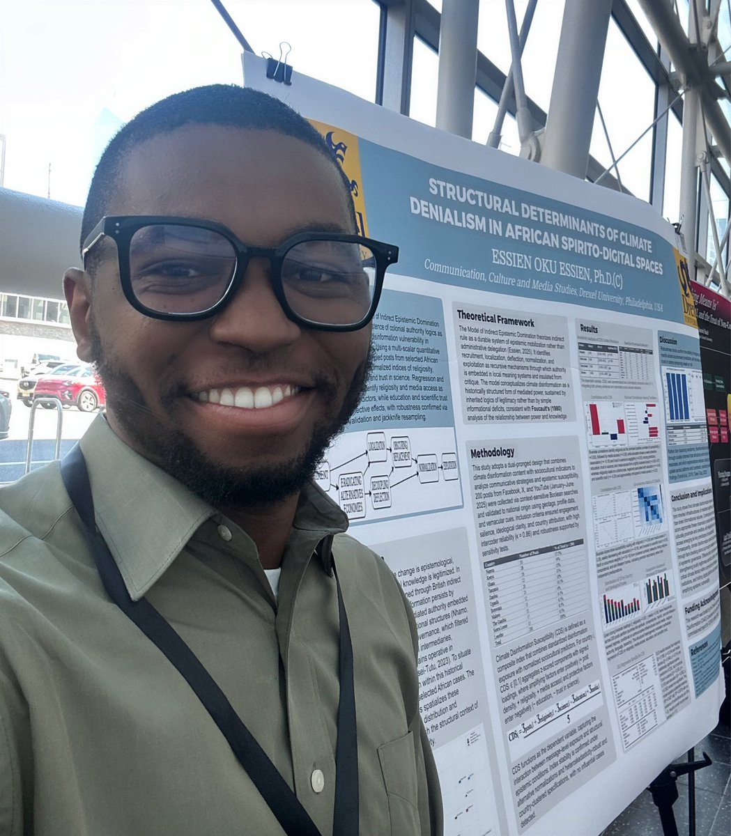 OkuEssienJr1's tweet photo. 📊 Yesterday, I had the pleasure of presenting the poster version of my Climate Action Against Disinformation Consortium + Roots fully funded Global South Research Fellowship project at the Drexel Emerging Graduate Scholars Conference (DEGS 2026).

The full study, situated at the intersection of climate science and digital spirituality, is available on the Roots website and can also be accessed through the CAAD’s COP30 Brazil Issue 04.

My sincere appreciation to the Graduate Student Association at Drexel University and The Office of Graduate Studies of Drexel University @DrexelGradStudy for convening such an important platform. It was deeply exciting to bring this work back to my home institution for presentation.

#ClimateResearch 📊