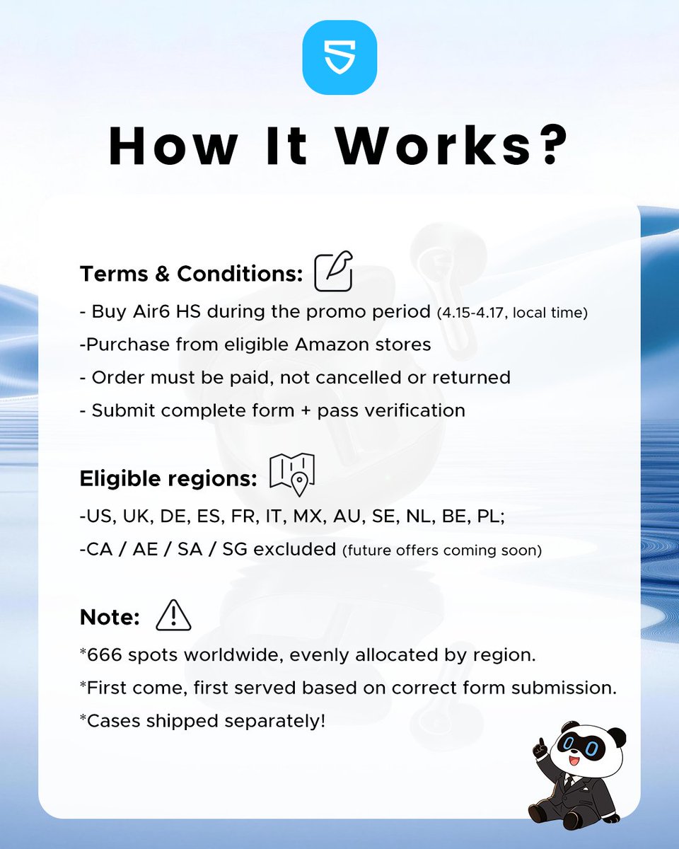 SOUNDPEATS's tweet image. 🎉 Air6 HS Launch Limited-Time Offer is LIVE! 🎧✨

⏳Apr 15 – Apr 17 
🎁Buy Air6 HS &amp;amp; get a free custom🐼earbuds case 

How to join:
1️⃣ Purchase Air6 HS
2️⃣ Fill out the form we provide
3️⃣ Get your spot confirmed

👉 Details &amp;amp; form: soundpeats.com/go/air6hs-glob…
⚠️ Limited slots