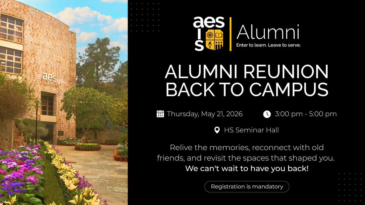AESDelhi's tweet image. ⏰ AES Alumni, we would love to see you back on campus!
Join us for the Back to Campus Alumni Reunion on Thursday, 21 May 2026 | 3:00 PM – 5:00 PM. 🐯✨

Register here: buff.ly/RFupfFZ

#AESDelhi #InternationalSchool #AISAESAlumni #AESAlumni #AESDelhi #AESCommunity