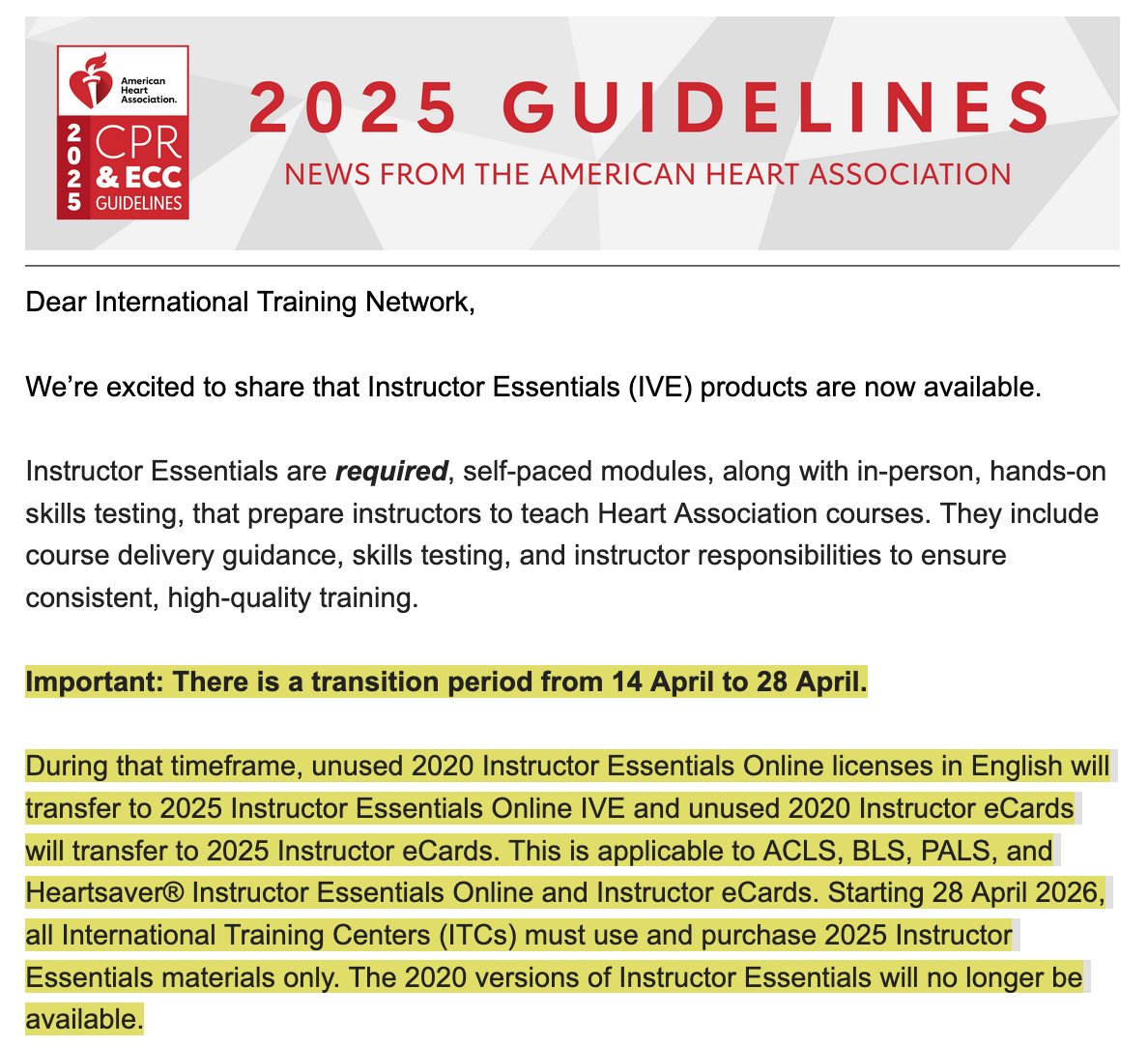 4月28日以降は、現行のInstructor Essentials（インストラクターコース）は禁止、G2025版に完全移行しろという通達が来た。

でもさ、、

日本ではふつうのBLSプロバイダーコースは開催禁止、旧来の対面型が前提のG2025英語版教材を使って、日本国内でどうやったらいいの？

謎すぎる。