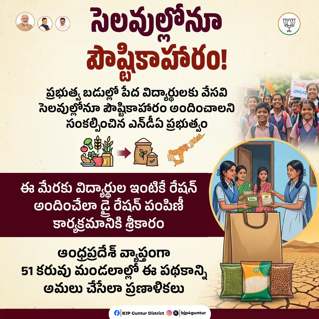 బడులకు సెలవులొచ్చినా పిల్లల పౌష్టికాహారానికి సెలవు ఇవ్వకూడదన్న గొప్ప సంకల్పంతో ఎన్‌డీఏ ప్రభుత్వం ముందడుగేసింది. వేలాది మంది విద్యార్థుల ఇంటికే నేరుగా రేషన్ పంపనుంది.

#NDA4Andhra #bjp4guntur