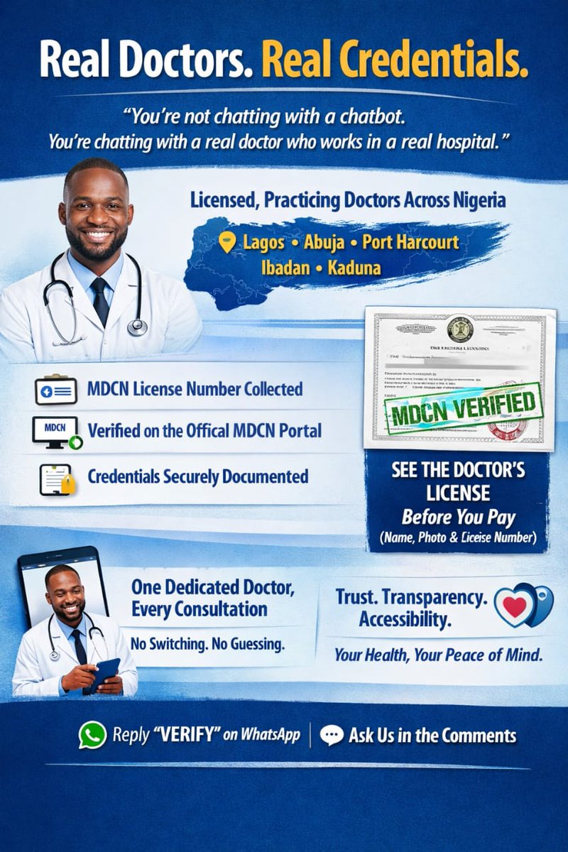 nursedocLtd's tweet photo. Real Doctors. Real Credentials. 🩺
You’re not chatting with a chatbot.
You’re chatting with a real doctor who works in a real hospital.
Thread 👇
#NurseDocConnect #HealthcareTransparency https://t.co/SfkPcZRH4f