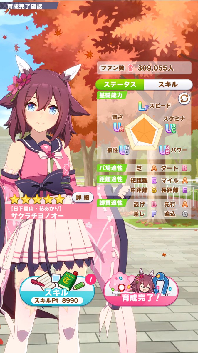 スキルポイントいっぱいのチヨちゃんかわいいね… なおダート😇 でもこれくらい盛れれば切れ者じゃなくても勝負になりそうです🌸