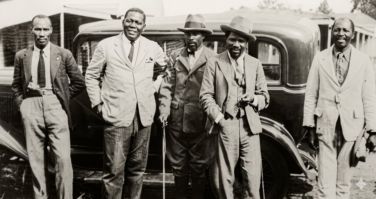 A young King Sobhuza II of Eswatini during the foundational years of his 82-year reign. Pictured in the 1930s with his entourage, traveling the nation to unify his people and buy back ancestral land through the Lifa Fund using the Ford Model A car in the background.