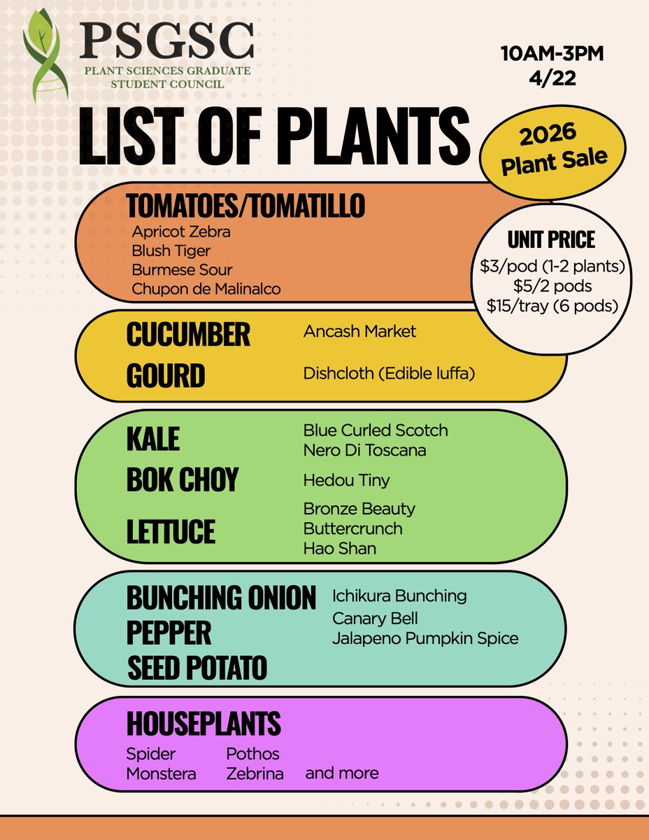 psgsc's tweet photo. 🌱 Plant Sale!

📍 Birge Hall Atrium
📅 April 22 | ⏰ 10–3
Veggie seedlings + houseplants 🪴
Stop by &amp; grab some green!
#PlantSale #PlantLovers https://t.co/NtF3lSmXeP
