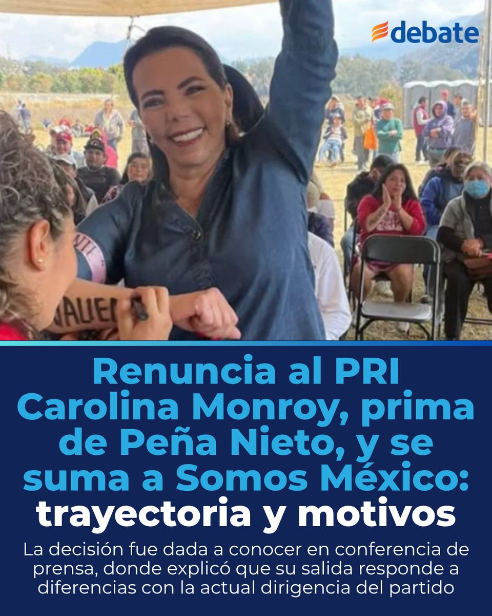 ELDEBATE's tweet image. 🚨🇲🇽 Carolina Monroy renuncia al PRI y se suma a nuevo proyecto político

La priista Carolina Monroy del Mazo anunció su renuncia al PRI tras décadas de militancia, para incorporarse a Somos México, agrupación que busca convertirse en partido.

#CarolinaMonroy #PRI #SomosMéxico