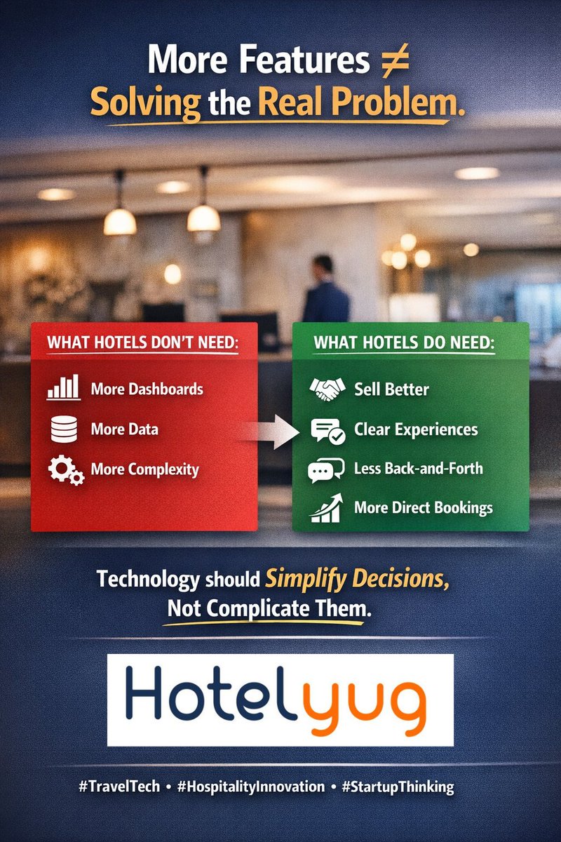 hotelyug's tweet image. More features ≠ better hotel tech.

Hoteliers don’t need more dashboards or data.
They need clarity that helps them sell better and convert faster.

#TravelTech #HospitalityTech #HotelMarketing