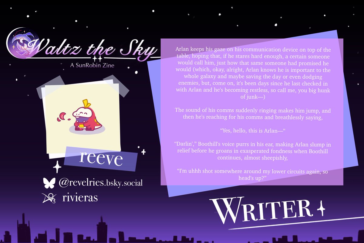 sunrobinzine's tweet photo. ✨CONTRIBUTOR SPOTLIGHT✨

We’re happy to welcome reeve on as a writer! 💕 

Today also makrs the first big milestone of the creation period: the first check-in! We cannot wait for everyone to see the completed works, so please look forward to it~ https://t.co/MHHUqVDyOp