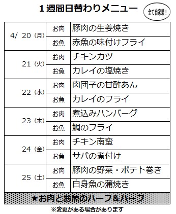 4月20日(月)～4月25日(土)の
ひだまり亭の日替わりメニュー表お届けします✨
24日(金)は人気の定番メニューの【チキン南蛮】🎉
魚は、手間をおしまずふっくら仕上げた【サバの煮付け】🐟です。

皆様のご注文お待ちしております😄

#明石#ひだまり亭  #テイクアウト #uber #menu  #自家製  #手作り弁当