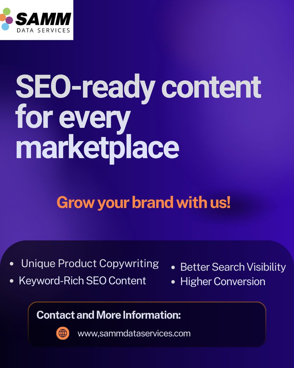 samm_data's tweet photo. Great product descriptions do more than inform—they sell. Our SEO-ready content helps improve search visibility, engage shoppers, and drive higher conversions across every marketplace. 
https://t.co/c1XRl99Of1 
#ProductDescriptionWriting   #MarketplaceOptimization https://t.co/X8qWdVQlkj