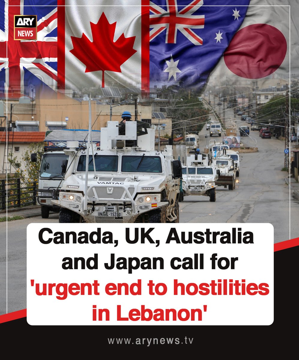 ARYNEWSOFFICIAL's tweet image. #Canada, #UK, #Australia and #Japan call for 'urgent end to hostilities in #Lebanon'

Read More : arynews.tv/canada-uk-aust…

#ARYNews
