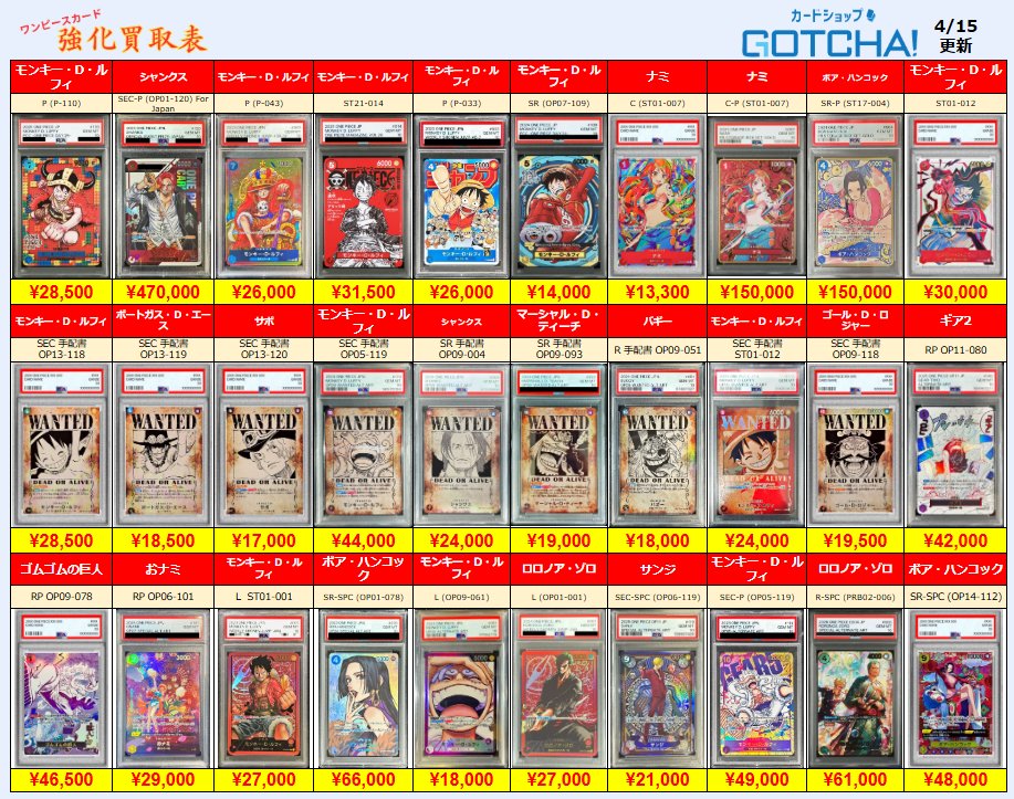 4/15更新 🚢ワンピースカードゲーム🌊🔱 🏴‍☠️【PSA10 強化買取表