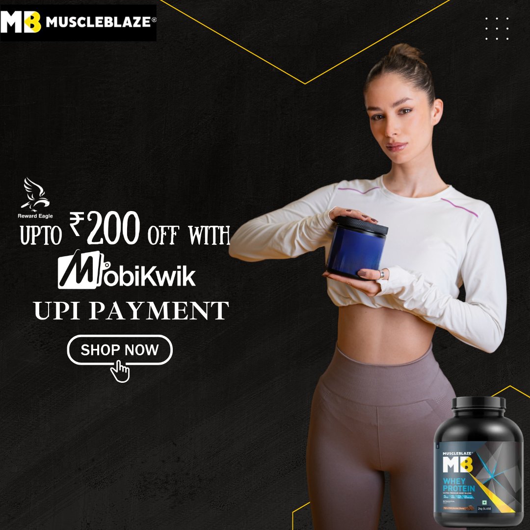 Reward_Eagle's tweet image. Get up to ₹200 cashback on using Mobikwik UPI payment. Avail the offer now
rewardeagle.com/store/musclebl…

#Muscleblaze