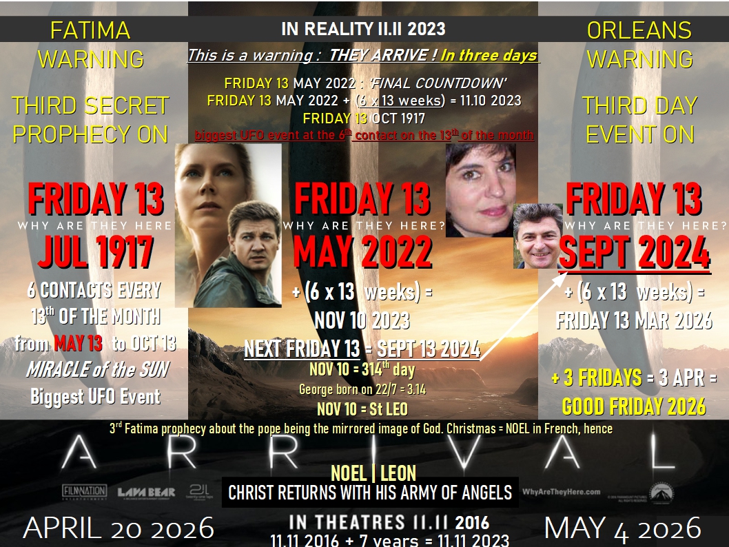 REALITY STRANGER THAN FICTION ? FATIMA vs ARRIVAL (see below).

FATIMA's Third Secret + Private Vivid ET Contacts = GOOD FRIDAY 2026. THE EFFECTIVE ORLEANS UFO EVENT WILL BE 17 DAYS AFTER GOOD FRIDAY (APRIL 3 2026) ON APRIL 20 2026, like in 'something important takes place