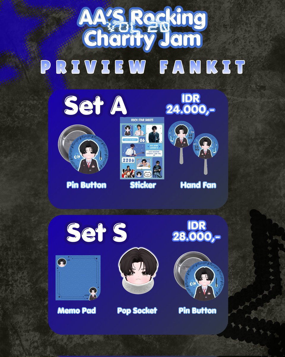 AAshirakorn_INA's tweet photo. 🎸💙 AA’s Rocking Charity Jam Vol. 20 💙🎸

There's the fankit details of #AACharityJam . Ayoo beli fankit super gemas dan jadi bagian dari project mulia ini 🤍

Details&amp;PO: https://t.co/5OtKYIqc9u

#AAashirakorn #AAashirakorn_INA #AA20thStreetRockArea https://t.co/IoiZPpjqn1