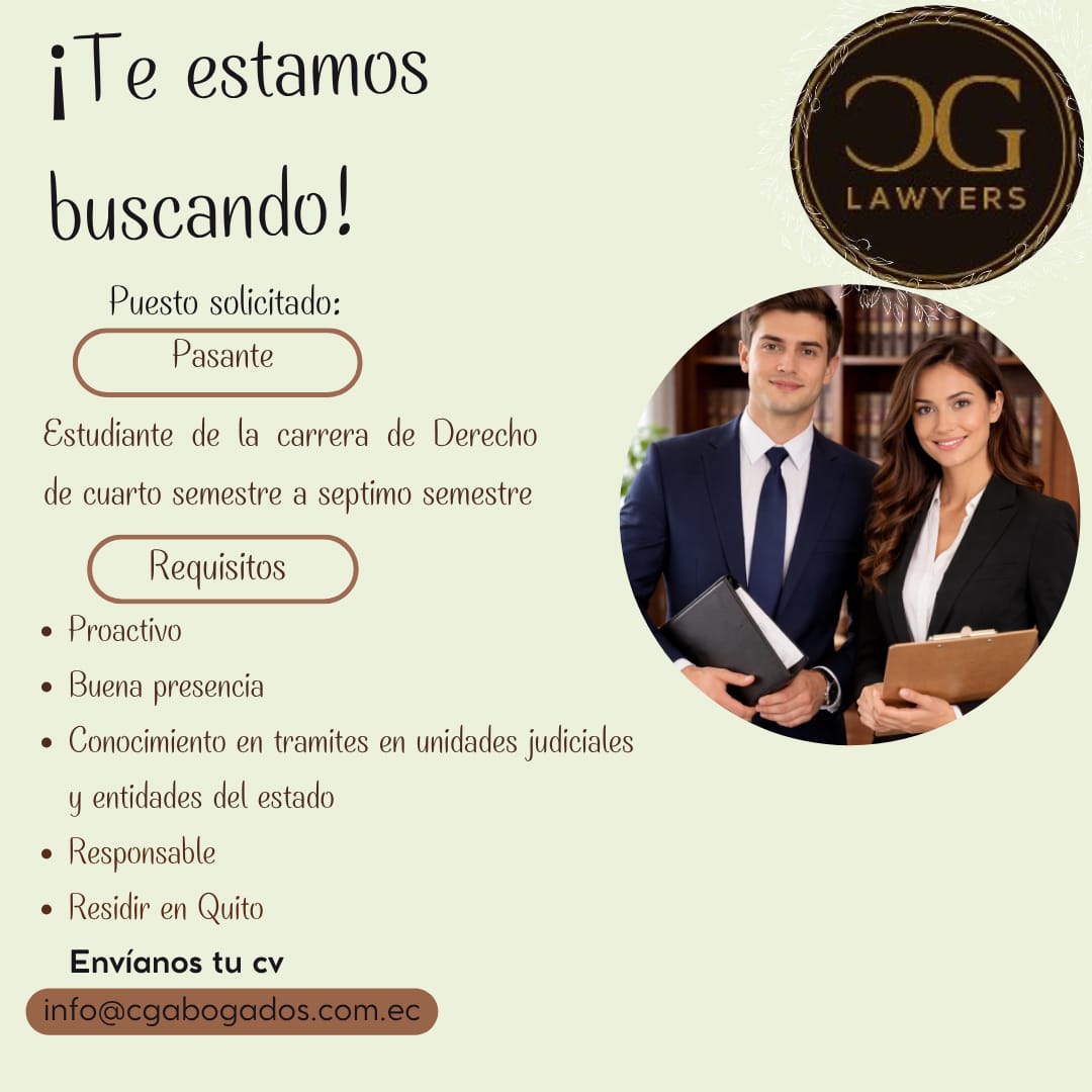 AbogadosCG's tweet photo. Te estamos buscando, ven para hacer tus prácticas y aumentar tus conocimientos en derecho #vacante #laboral #universidad #pasantia #Quito #legal https://t.co/DvR8u3TRC5