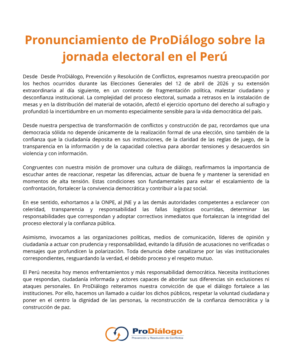📢 Desde ProDiálogo, Prevención y Resolución de Conflictos, expresamos nuestra preocupación por los hechos ocurridos durante las Elecciones Generales del 12 de abril de 2026. Lee el comunicado completo aquí abajo ⬇️