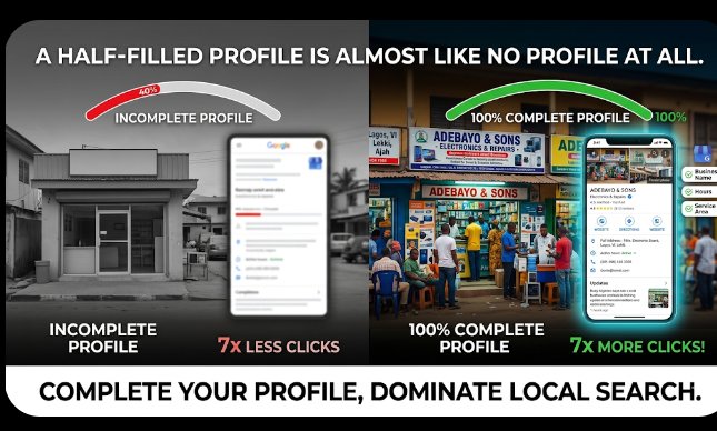 Realsosom's tweet photo. Your Google Business Profile should be 100% complete.
Missing details,  missed customers.
Fill in:✅ Hours, ✅ Phone, ✅ Website, ✅ Description, ✅ Category
Google gives you 7x more visibility when your profile is complete.
 #NigerianSME 
#GoogleMyBusiness #ProfileCompletion https://t.co/9vRxGMBJ90