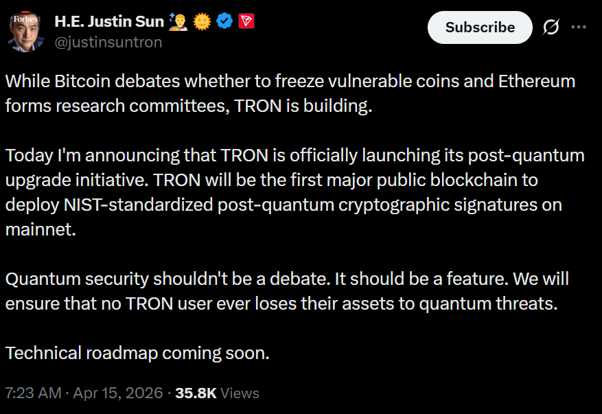 blckchaindaily's tweet photo. 🚨BREAKING: TRON LAUNCHES POST-QUANTUM UPGRADE INITIATIVE, SAYS IT WILL BE FIRST MAJOR PUBLIC BLOCKCHAIN TO DEPLOY https://t.co/R3TppWWs7f