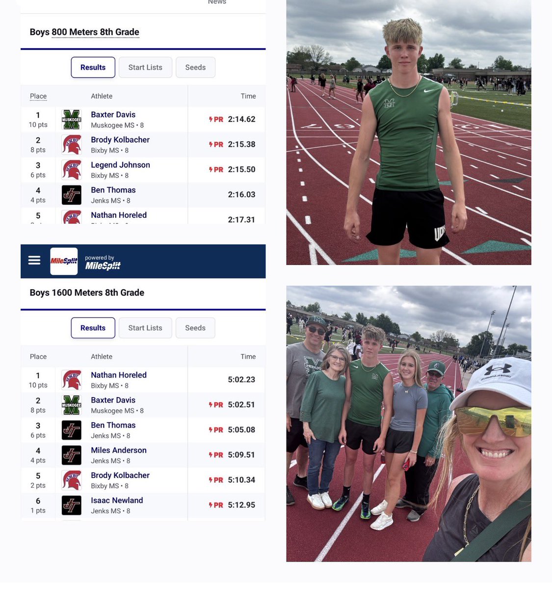 thebaxterdavis's tweet photo. Frontier Valley Conference Meet. 800 Champion 2:14.62 & 2nd in the mile 5:02.51. Finished JH season with PRs!
@coachcondict
@coachDNorman
@wheelandMark
@dmayes1202
@RougherNation
@MuskogeeA
@MuskogeeSC
@MuskogeeTrack
@ChrisHarrisJr
@CHJelite
#RecruitTheGee https://t.co/C7OJaiqyP1